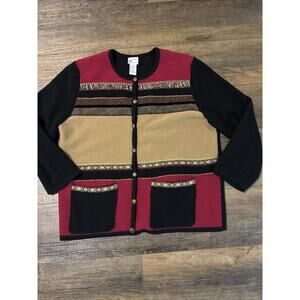 Koret Women's Button Front Cardigan Sweater Large Multi Colorblock Wool